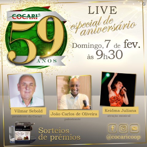 COCARI:  Cooperativa celebra aniversário de 59 anos com live neste domingo