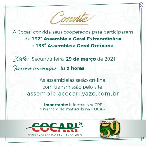 COCARI: Cooperativa convida associados para participarem de Assembleias no próximo dia 29