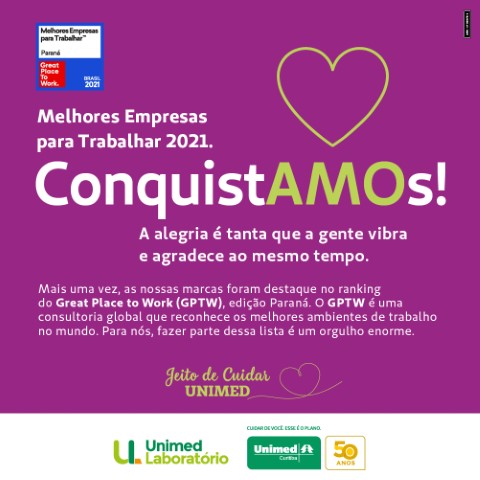 UNIMED CURITIBA: Cooperativa e laboratório no ranking GPTW das melhores empresas para trabalhar no Paraná