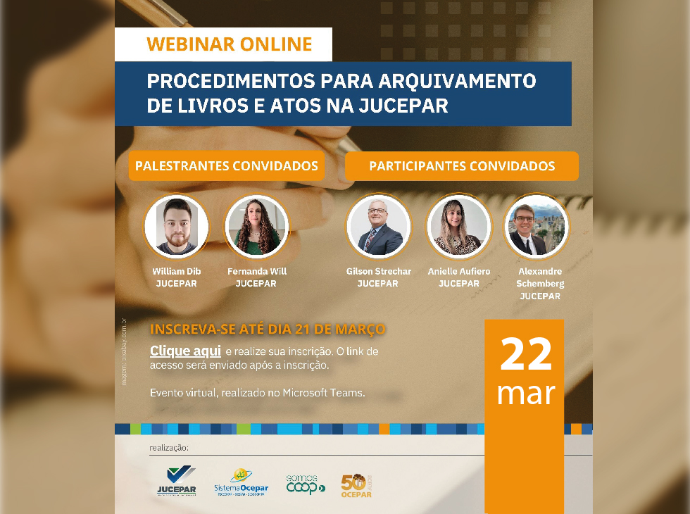 WEBINAR: Debate sobre procedimentos para arquivamento de livros e atos na Jucepar será nesta terça-feira