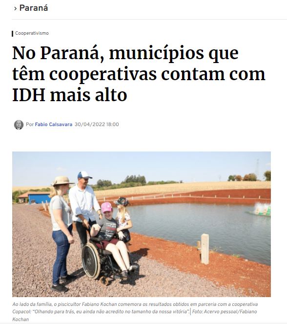 DESENVOLVIMENTO: Municípios paranaenses com cooperativas têm IDH mais alto, destaca Gazeta do Povo