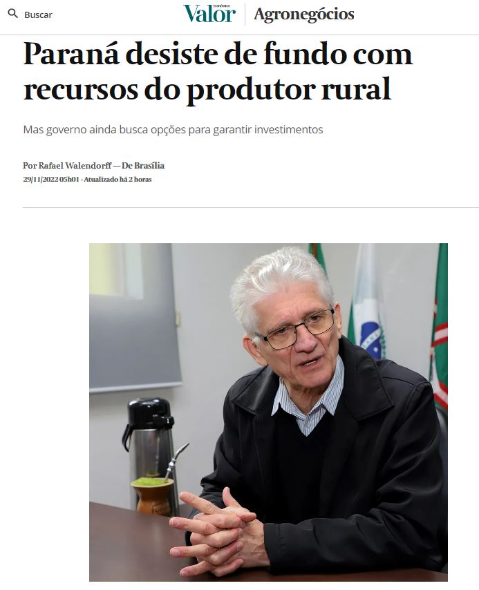 TRIBUTAÇÃO: Segundo Valor Econômico, Paraná desiste da criação de fundos com recursos do produtor rural 