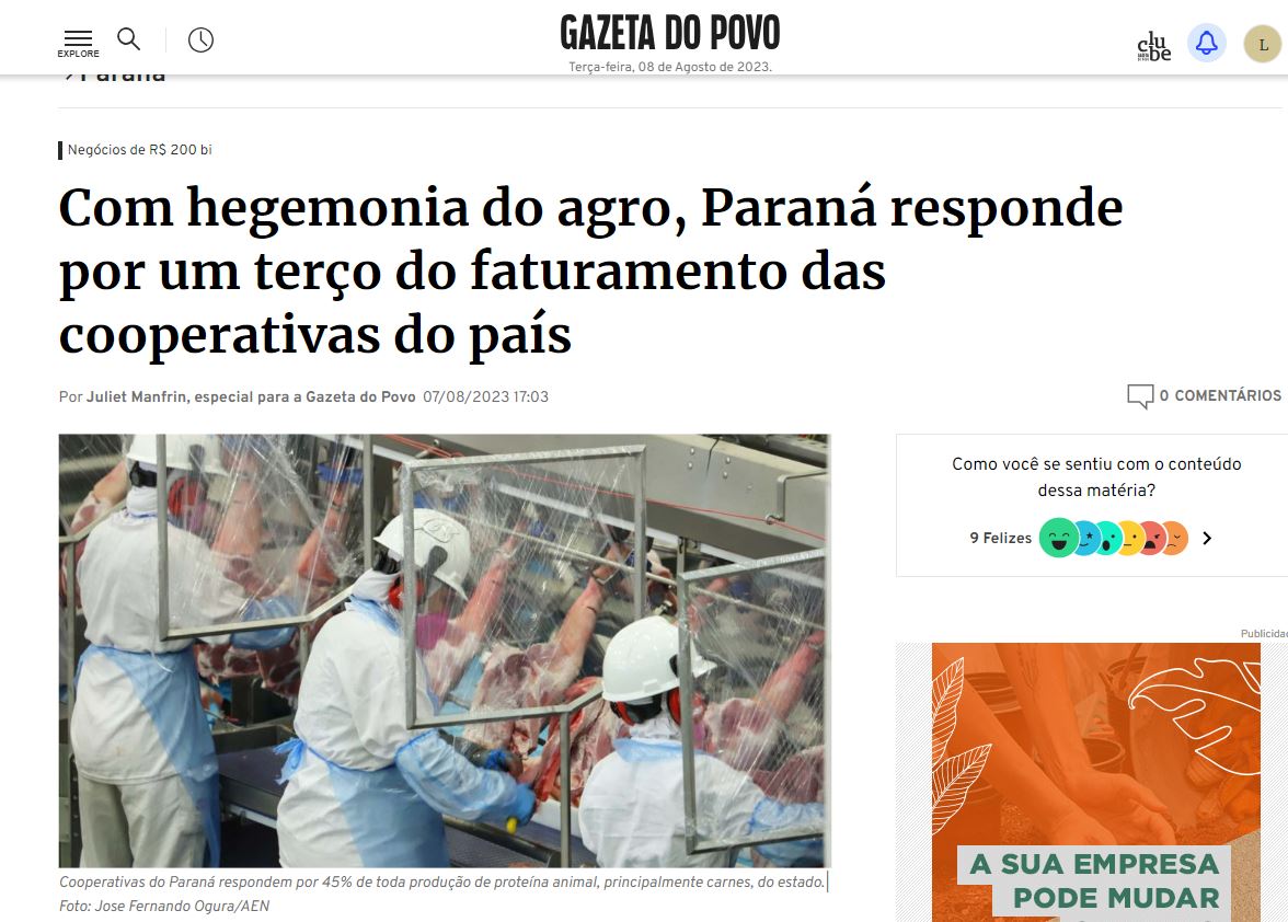 MÍDIA: Jornal Gazeta do Povo destaca expressividade das cooperativas do Paraná
