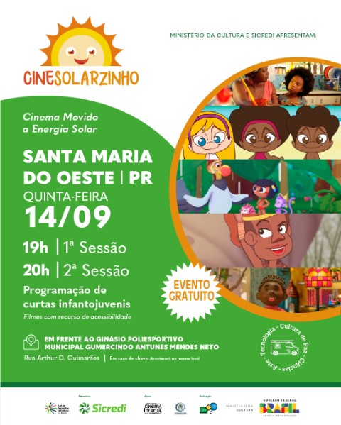CRÉDITO: CineSolarzinho chega a Santa Maria do Oeste com sessões gratuitas de cinema movido a energia solar, pipoca e atrações para a família