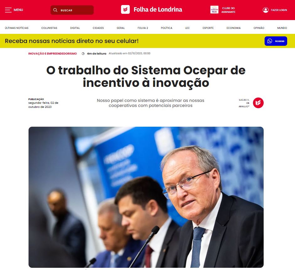 MÍDIA: Em entrevista à Folha de Londrina, Ricken destaca o trabalho de incentivo à inovação feito pelo Sistema Ocepar