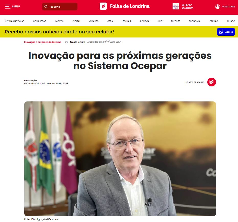 MÍDIA: Folha de Londrina publica segunda parte da entrevista com presidente do Sistema Ocepar sobre inovação