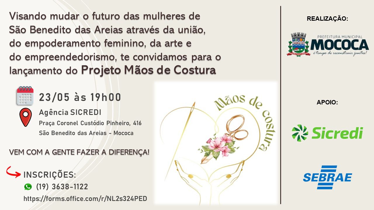CRÉDITO: Projeto “Mãos de Costura” vai capacitar mulheres em Distrito de Mococa (SP)