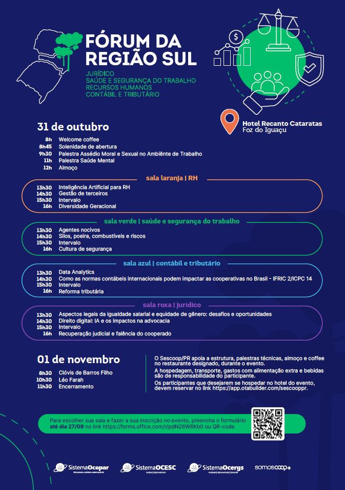 Banner do Fórum da Região Sul 2024, destacando programação jurídica, RH, saúde, segurança, contabilidade e tributação, em Foz do Iguaçu, 31/10 a 01/11.